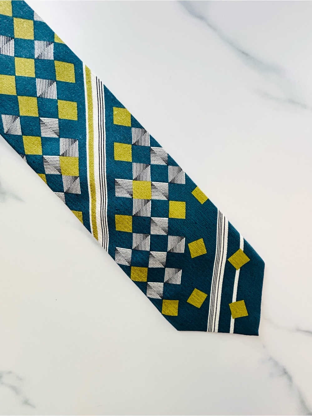 90s vintage Silk Tie Luciano Soprani Teal & Mustard Gold Geometric Necktie